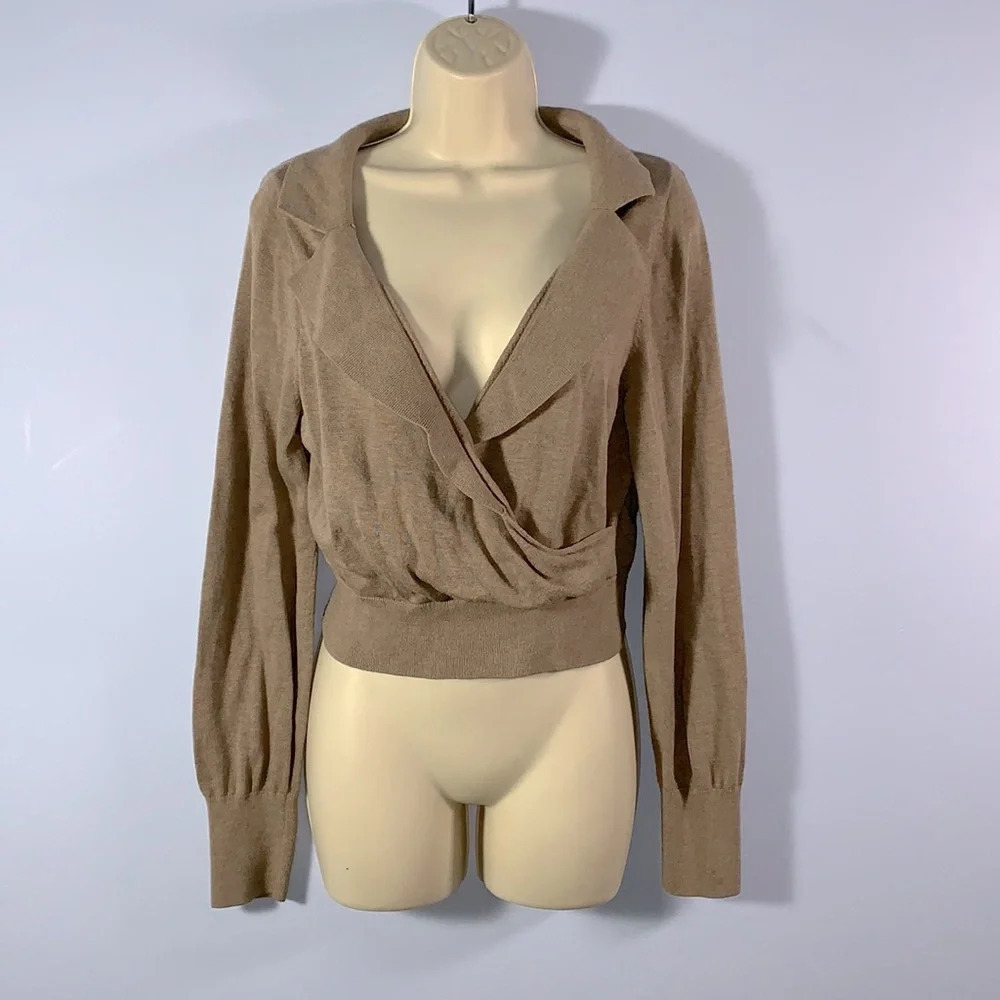 & other stories size small wool silk modal cross over brown long sleeve sweater